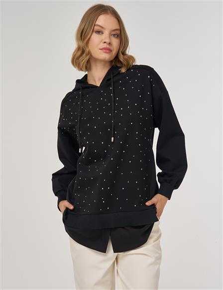 Hotfix Baskılı Rayon Sweatshirt Siyah 
