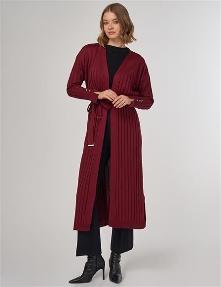 Kuşaklı Triko Hırka Bordo 