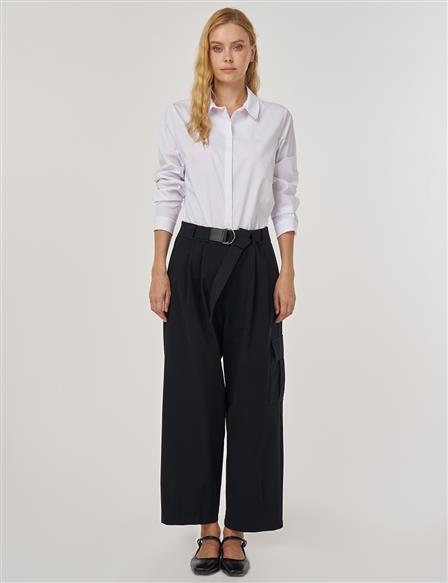 Relaxed Cut Trousers with Belt Detail in Black