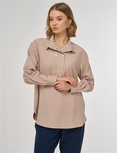 Çıt Çıt Kapamalı Geniş Yaka Tunik Vizon