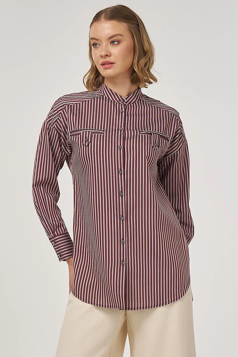 Mandarin Collar Viscose Tunic Dark Burgundy