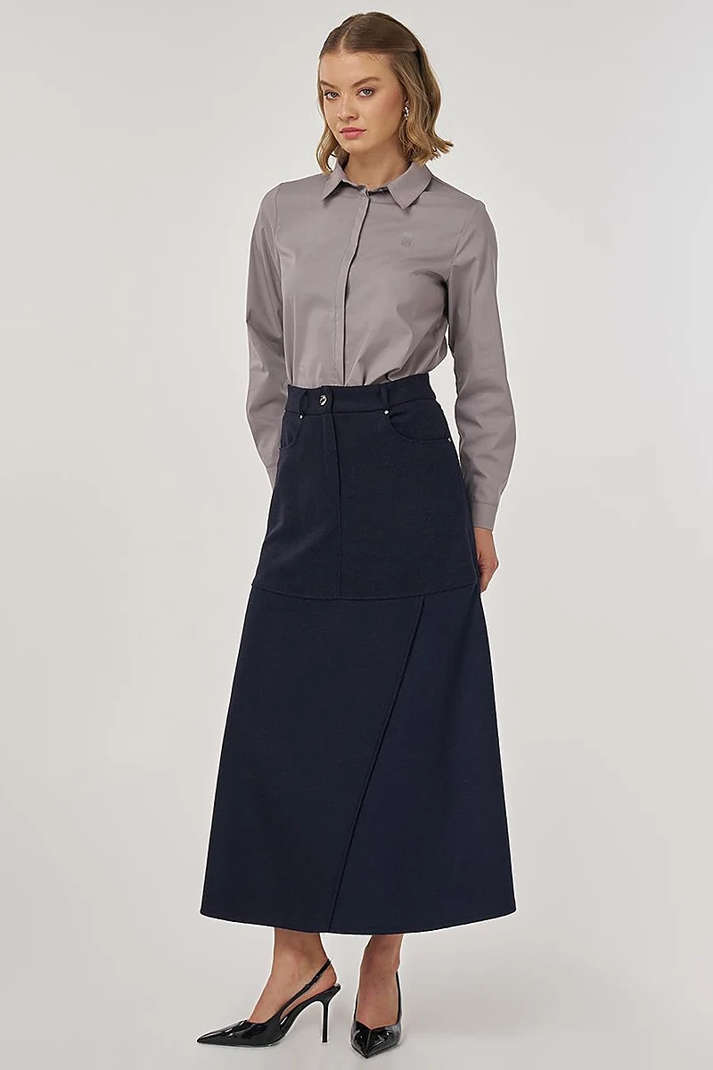 Panel-Stitched Felt Skirt Dark Navy 