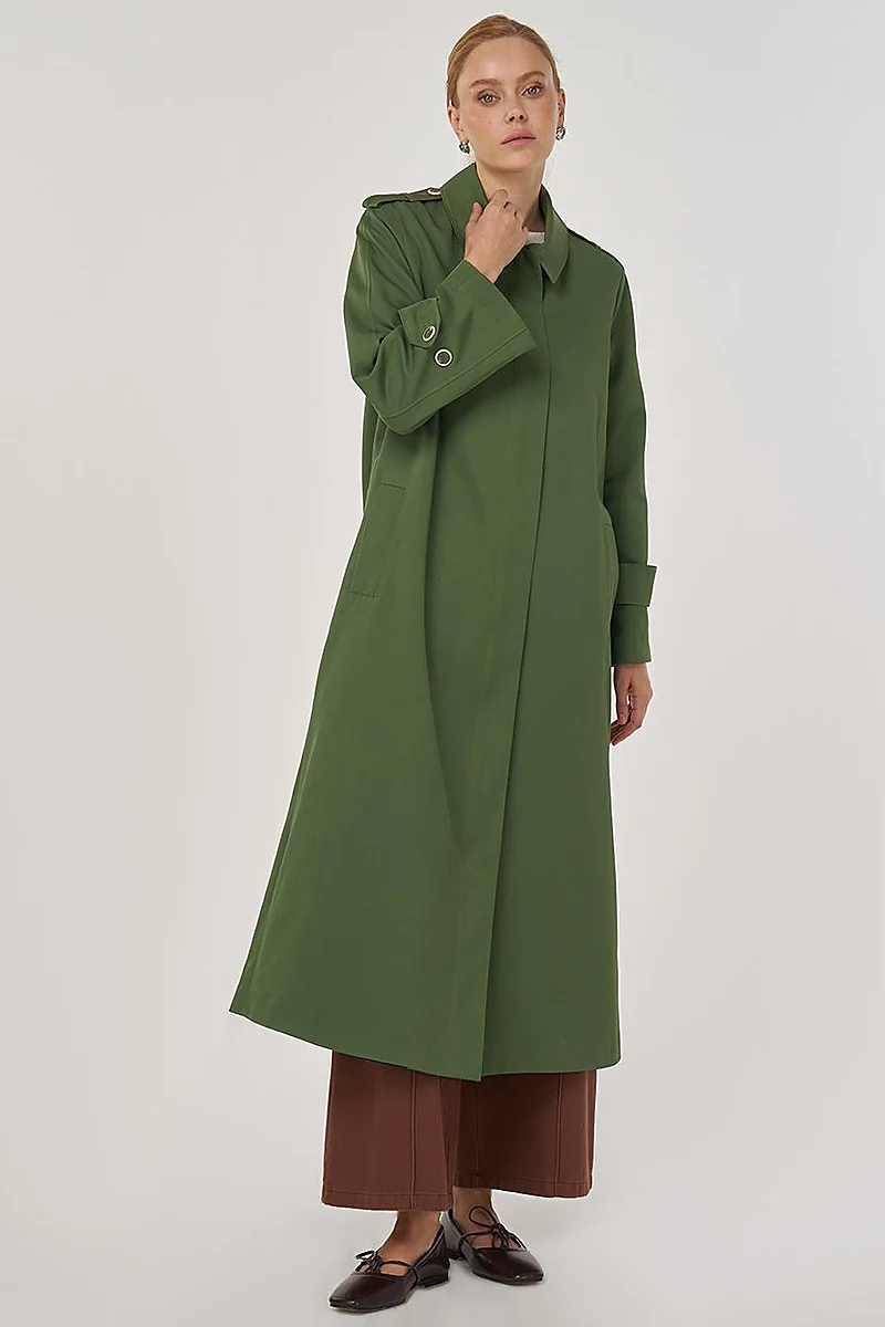 Shirt Placket Collar Long Trench Coat Forest Green