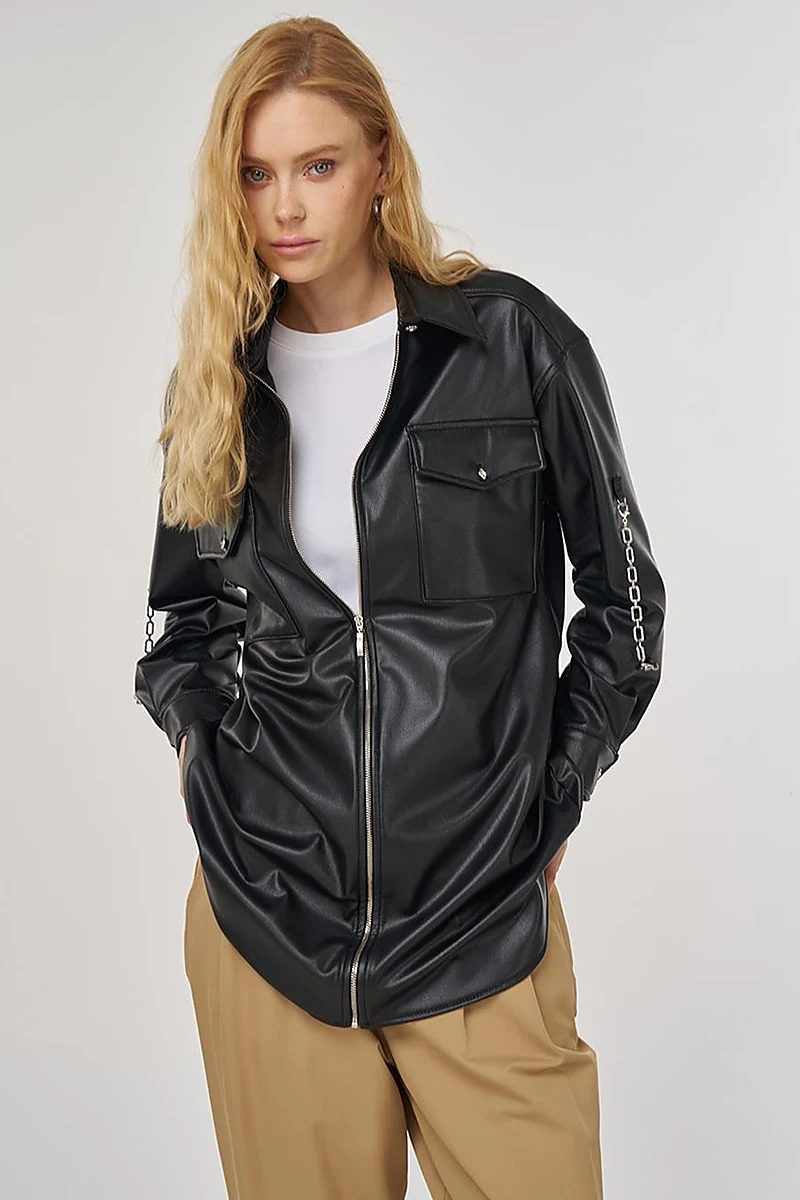 Chain Detail Faux Leather Tunic in Black