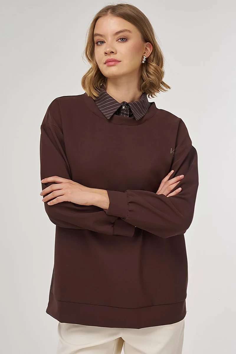 Shirt-Detail Sweatshirt Dark Brown