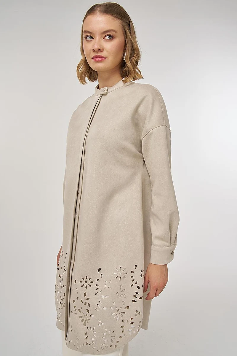 Laser-Cut Suede Tunic Stone