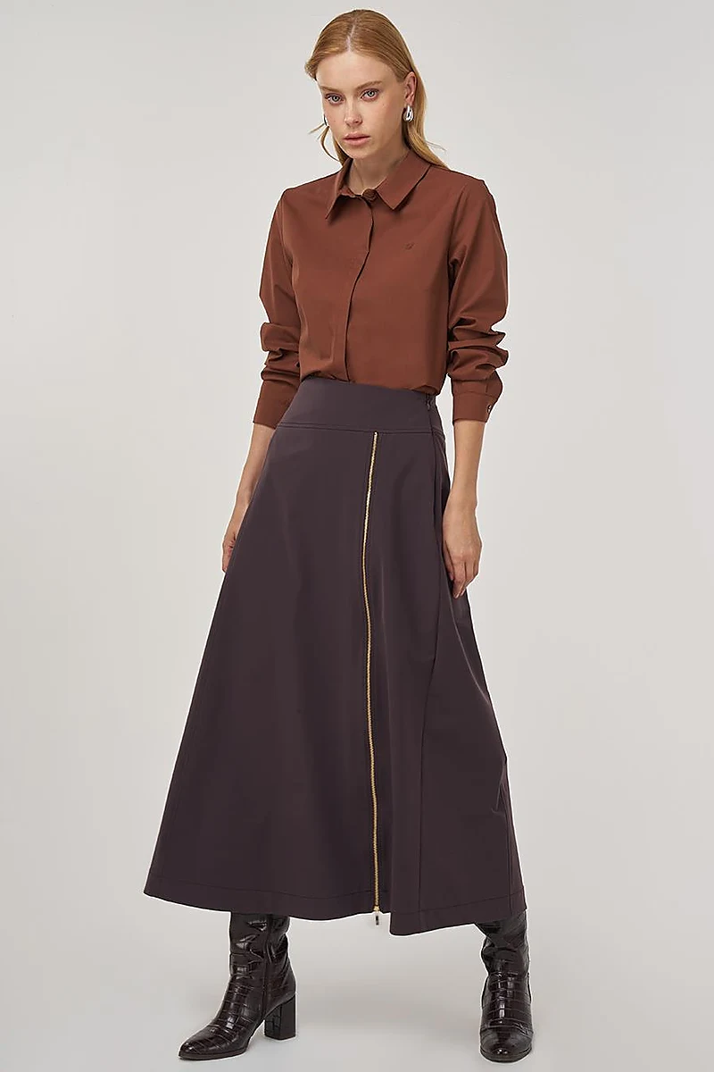 Zipper Detailed Bell-Skirt Dark Brown