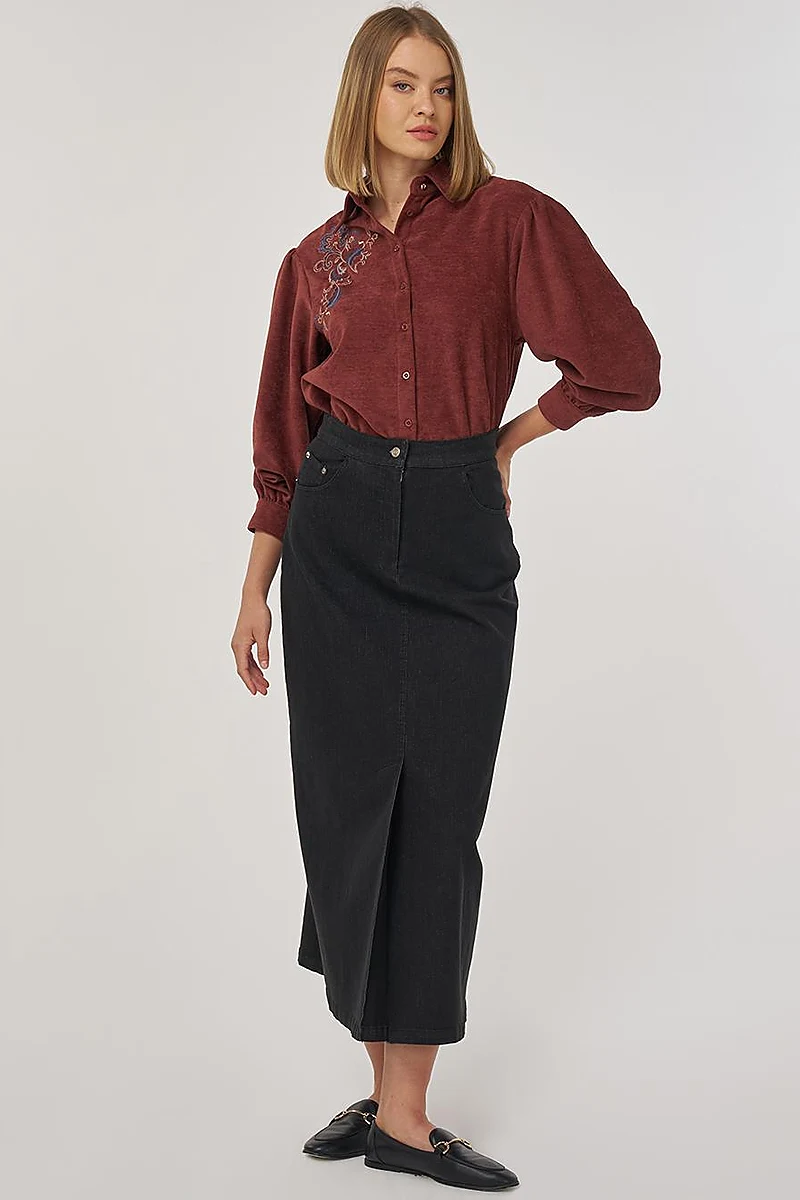 Slit Detailed Denim Skirt Black