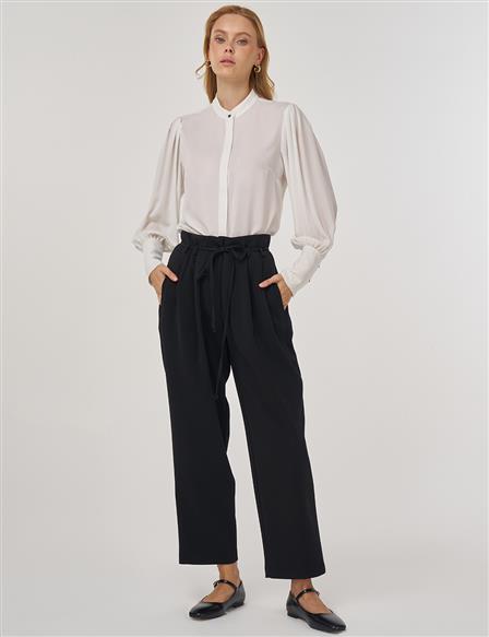 Pleated Lace-Up Belted Pipe-Leg Trousers Black