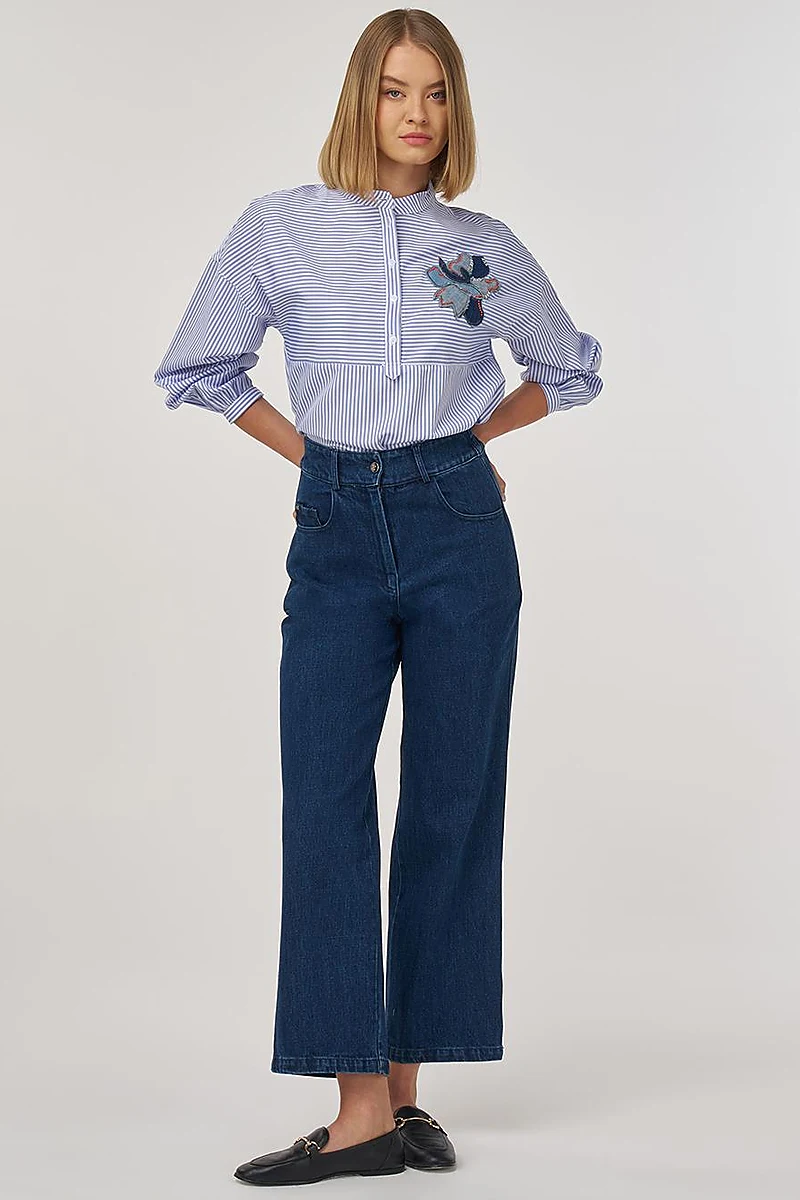 High-Waisted Denim Pants Navy Blue