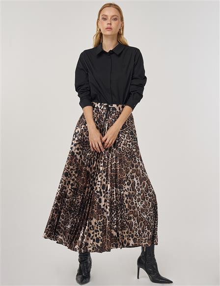 Leopar Desen Piliseli Etek Bej