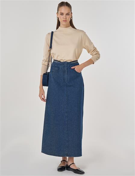 Denim Skirt with Waistband in Indigo
