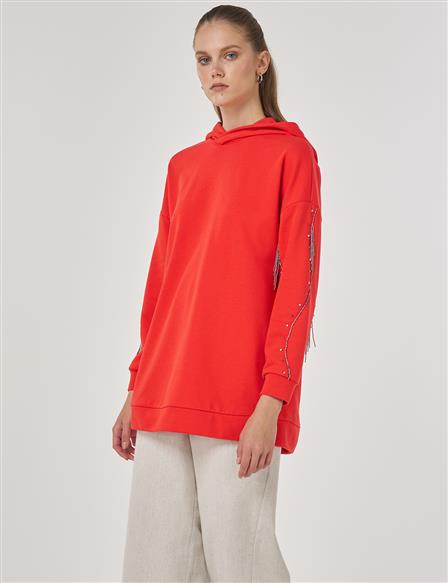 Kapüşonlu Üç İplik Sweatshirt Kırmızı 