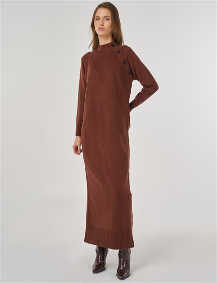 Düğmeli Triko Elbise Kızıl Kahve 