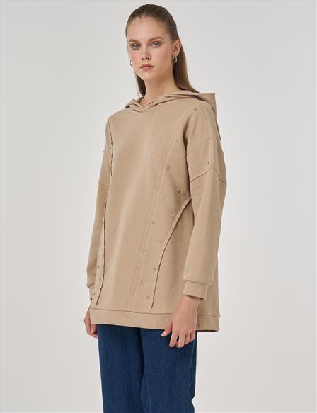 Dikiş Detaylı Üç İplik Sweatshirt Bej 