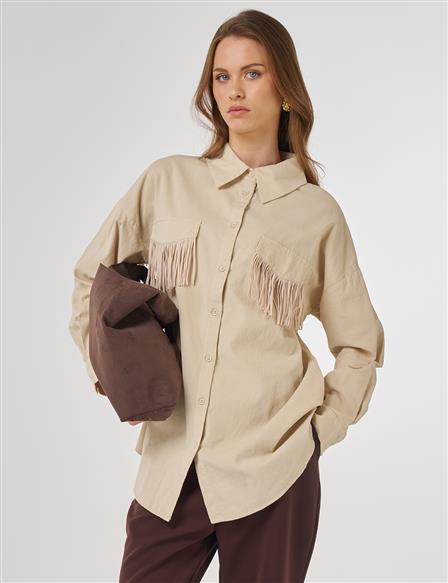 Püskül Detaylı Kadife Tunik Krem