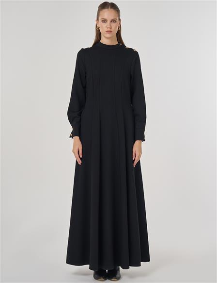 Parlak Düğmeli Rayon Elbise Siyah 