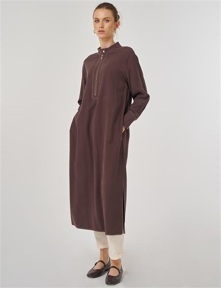 Fermuar Detaylı Uzun Rayon Tunik Koyu Kahve