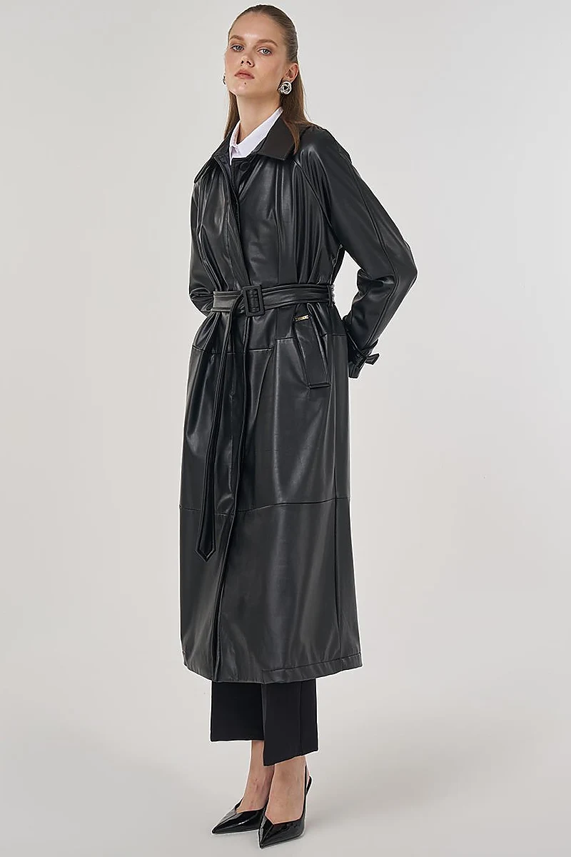 Faux Leather Trench Coat with Stitching Details in Black