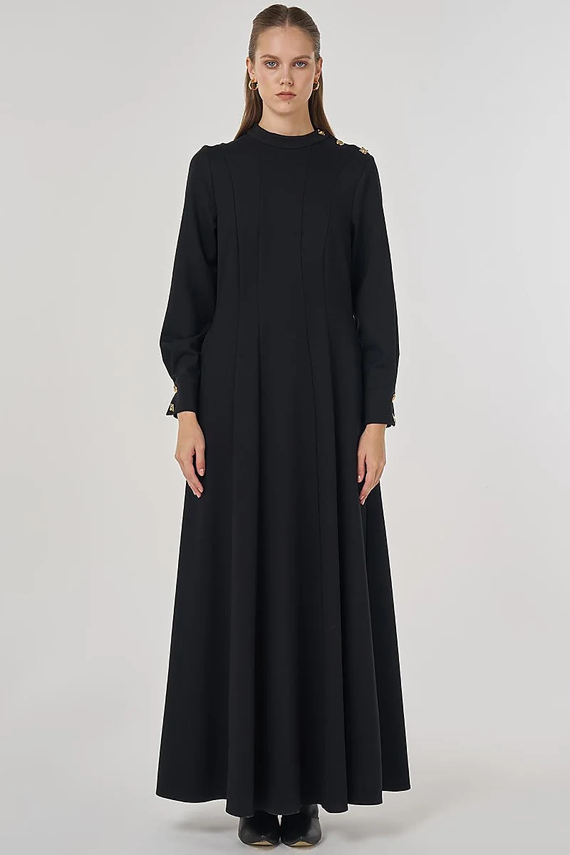 Shiny Button Rayon Dress Black
