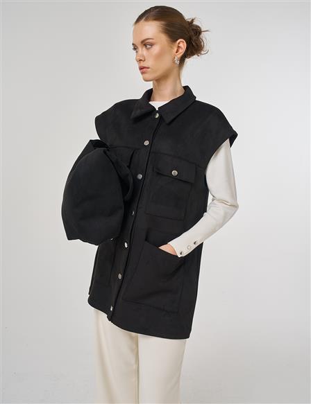 Pocket Detail Suede Vest Black
