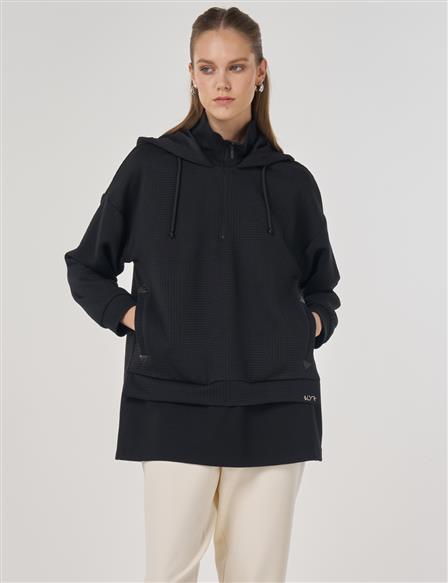 Desenli Çift Görünümlü Sweatshirt Siyah 