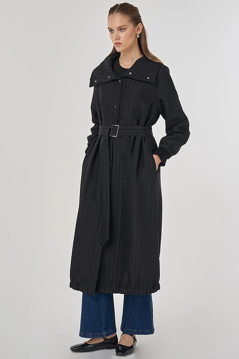 Stand-Up Collar Quilted Trench Coat Black