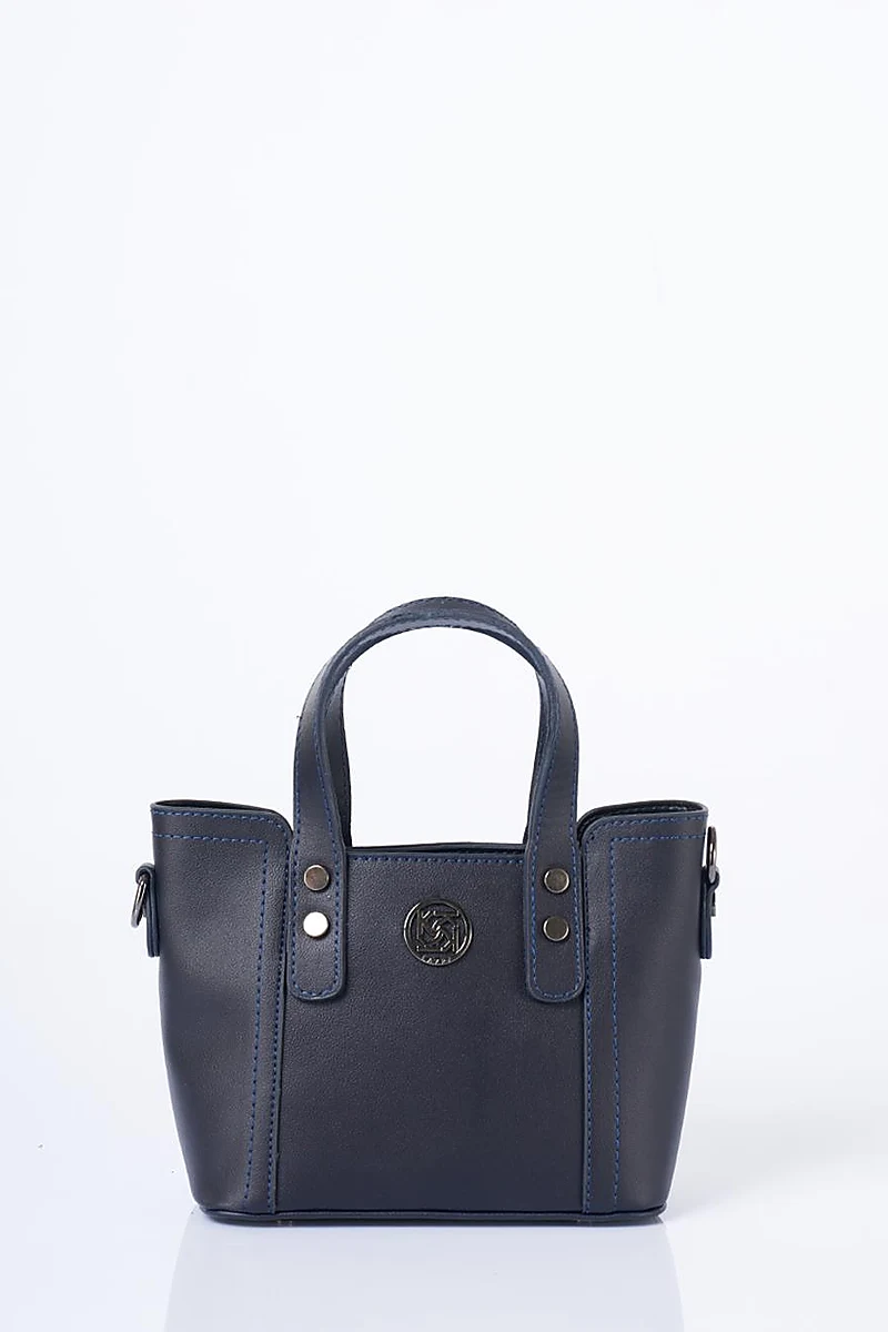 Chain Shoulder Strap Monogram Logo Faux Leather Tote Bag Navy