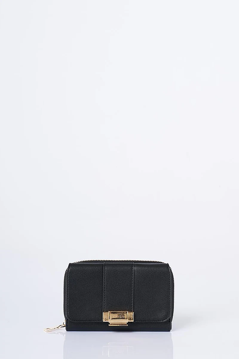 Gold Buckle Zippered Wallet Black