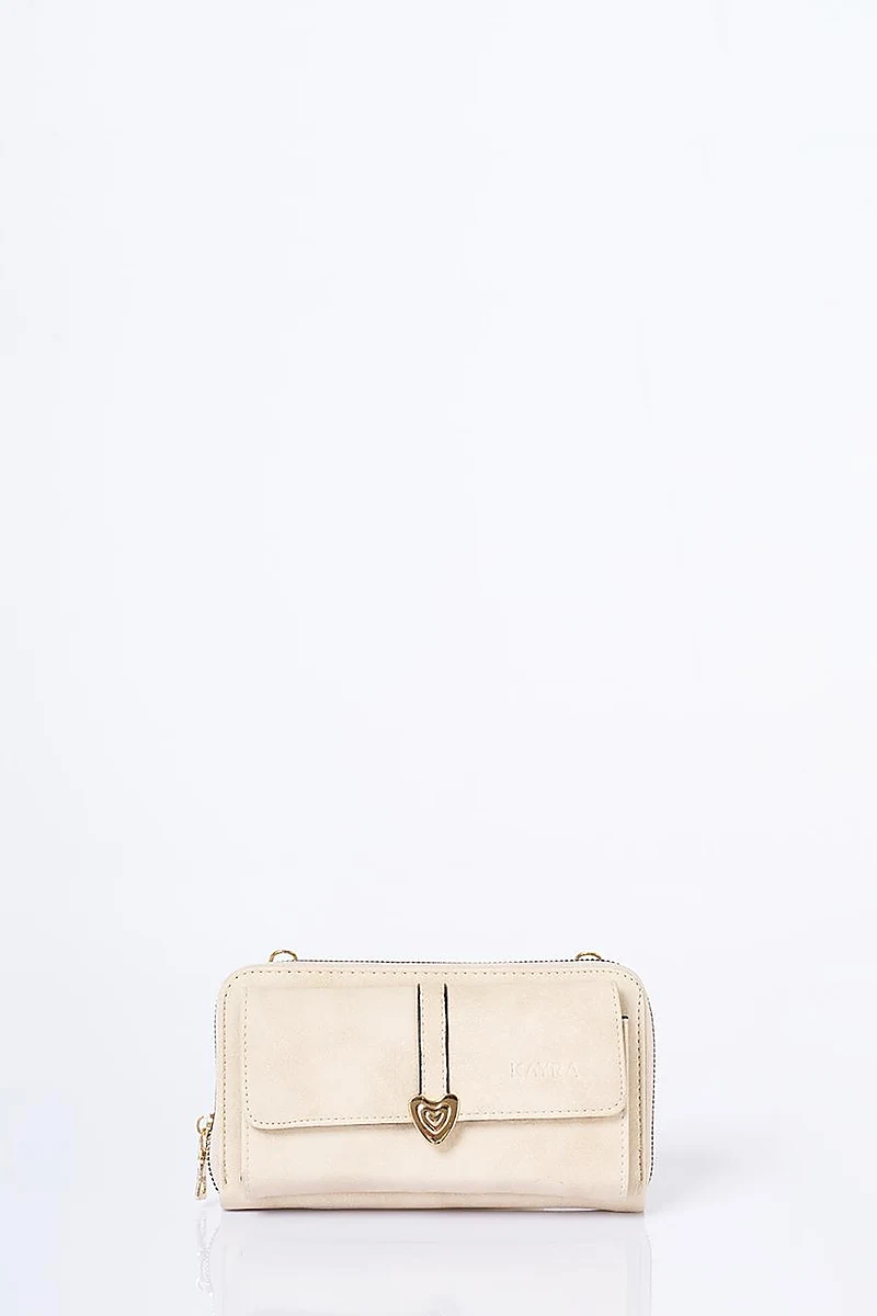 Heart Detailed Crossbody Wallet Bag Cream