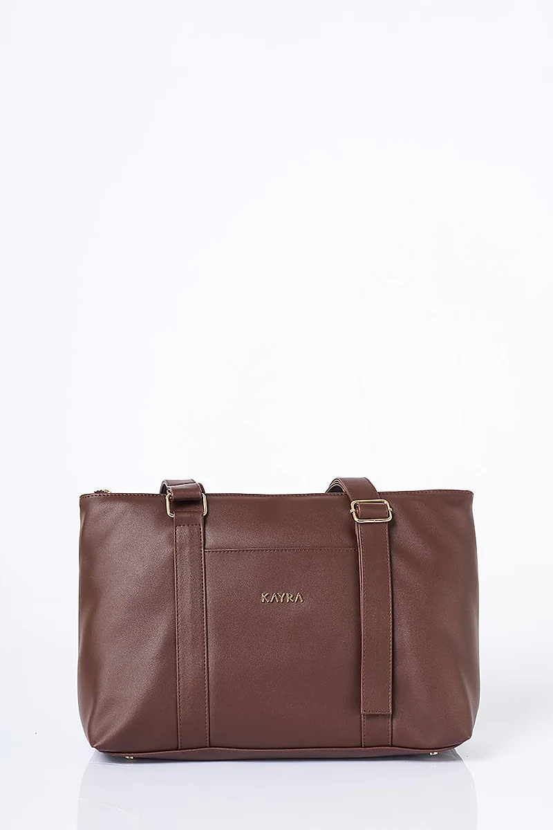 Leather Look Extendable Strap Large Bag Dark Brown