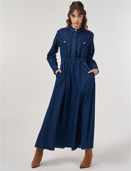 Hotfix Baskılı Denim Maksi Elbise Lacivert 