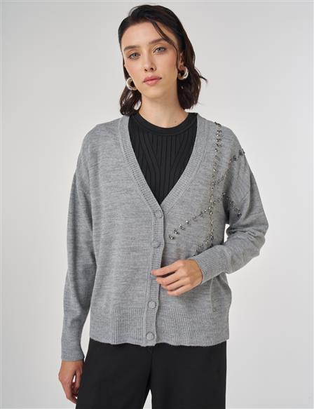 İşleme Detaylı Triko Hırka Gri