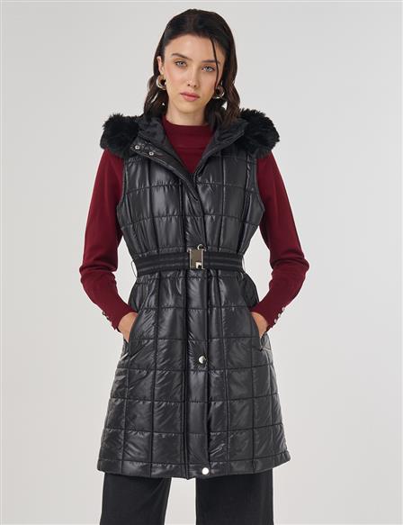 Faux Fur Puffer Vest Black