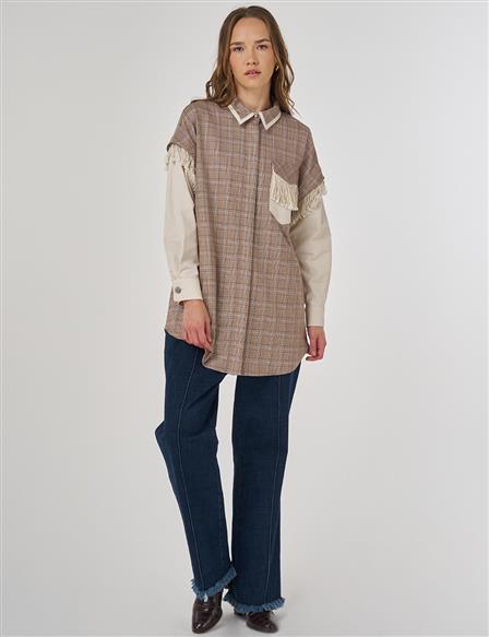 Fringed Checked Pattern Tunic Camel