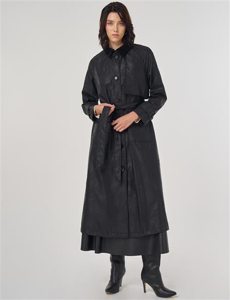 Velvet Collared Long Trench Coat Black