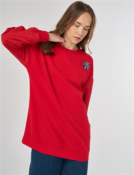 Fabric Panel Sweatshirt Red