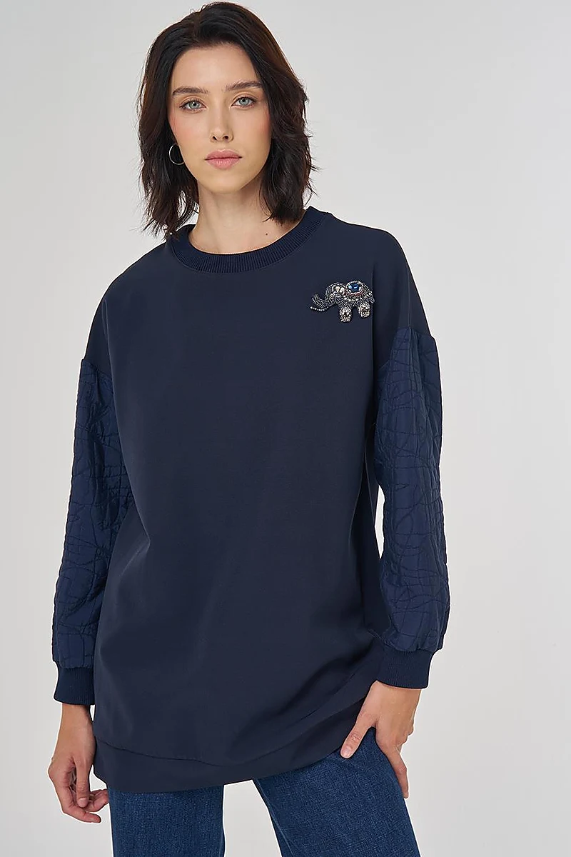 Kumaş Garnili Sweatshirt Koyu Lacivert