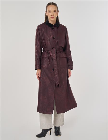Velvet Collared Long Trench Coat Dark Burgundy