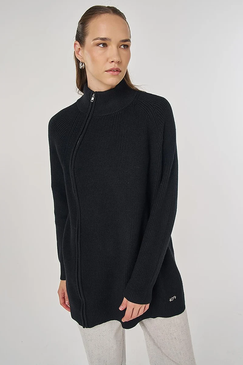 Zipper Detailed Viscose Knit Tunic Black