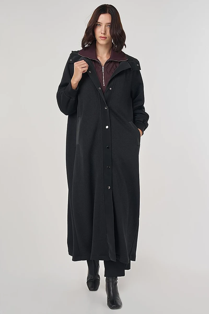 Raglan Sleeve Patterned Overcoat Black
