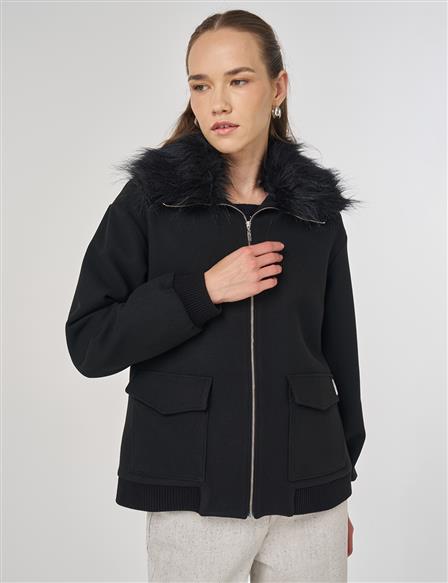 Fur Detailed Short Jacket Black