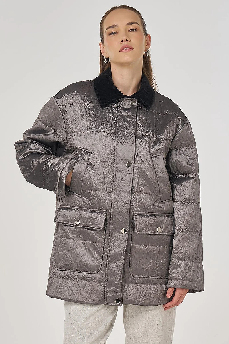 Velvet Collar Detailed Coat Silver