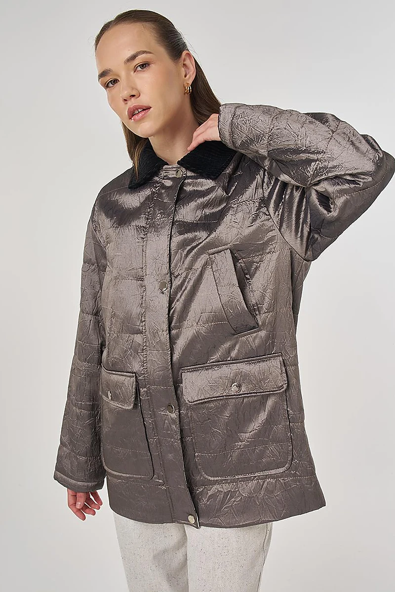Velvet Collar Detailed Coat Taupe