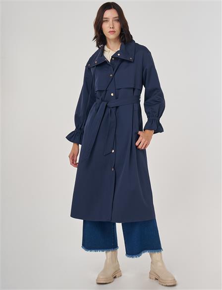 Cuff Detailed Long Trench Coat in Dark Navy