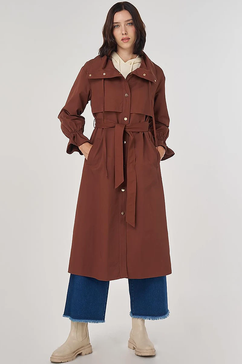 Cuff Detailed Long Trench Coat in Coffee