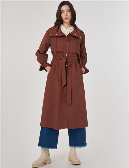 Cuff Detailed Long Trench Coat in Coffee