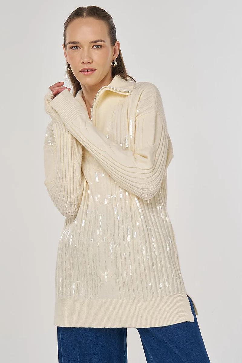 Sequin Embroidered Viscose Knit Tunic in Beige