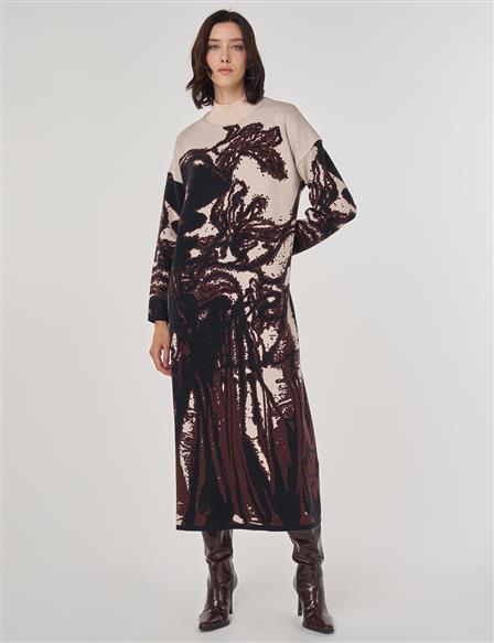 Abstract Patterned Knit Dress in Dark Coffee