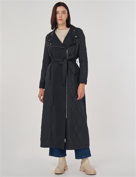Belted Wide Collar Overcoat Black